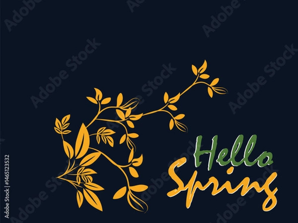 Fototapeta Elegant Hello Spring Design with Golden Branch and Green Lettering on Dark Blue Background