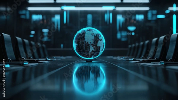 Fototapeta Holographic globe illuminated in blue light sits at center of modern boardroom, reflecting futuristic atmosphere. sleek design and digital elements create innovative and professional environment