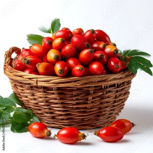 Obraz A woven basket overflowing with vibrant red rosehips, some spilling onto the white surface below.