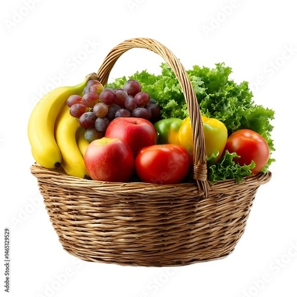 Obraz A woven basket overflows with fresh produce. Bananas, grapes, apples, peppers, tomatoes, and lettuce are visible