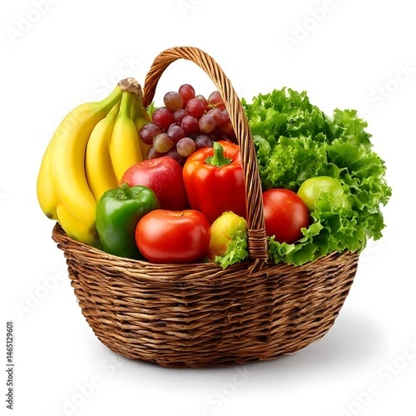Obraz A woven basket overflows with fresh produce. Bananas, grapes, apples, peppers, tomatoes, and lettuce are visible