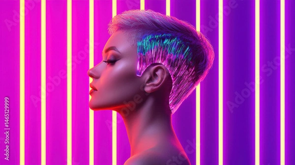 Fototapeta Futuristic pixie cut with holographic highlights shines under vibrant neon lights, creating striking visual contrast. model profile showcases modern hairstyle that embodies creativity and style