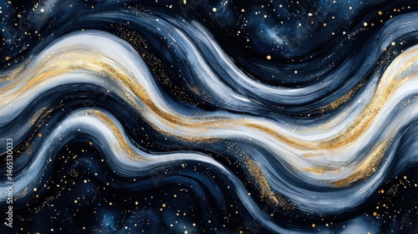 Fototapeta Mesmerizing abstract design featuring flowing waves in shades of blue, white, and gold, resembling cosmic scene filled with stars and galaxies. artwork evokes sense of tranquility and wonder
