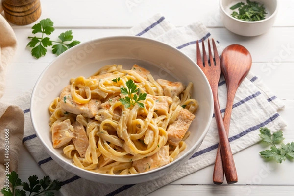 Fototapeta alfredo chicken pasta,Alfredo sauce with cooked fettuccine pasta in creamy sauce and juicy chicken in white plate.