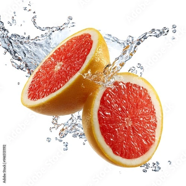 Fototapeta Two grapefruit slices are shown in a dynamic splash of juice, isolated against a clean white background