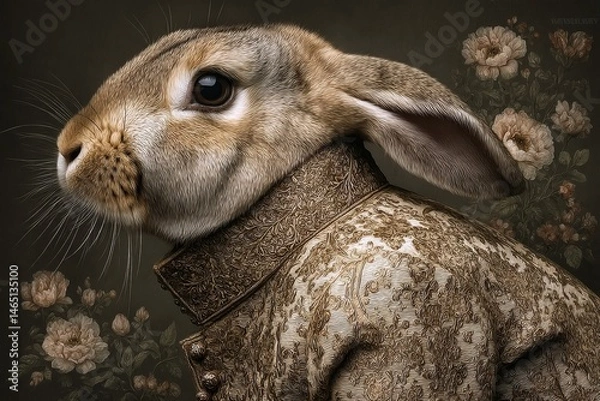 Fototapeta Rabbit dressed in an ornate coat against a floral background, showcasing intricate details and textures in a whimsical artistic portrayal
