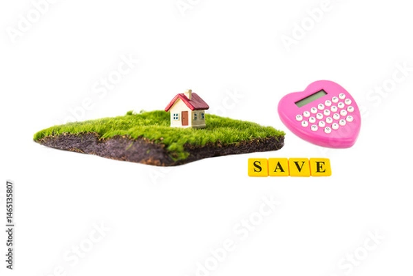 Fototapeta miniature house with red roof on green grass isolate on white background