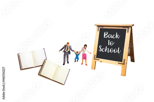 Fototapeta miniature people with blackboard isolated on white background.