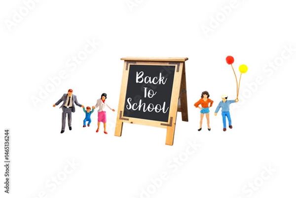 Fototapeta miniature people with blackboard isolated on white background.