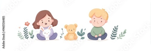 Fototapeta Girl and a boy are sitting in a field with a teddy bear and a rabbit.