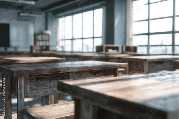 Fototapeta Empty classroom, aged wooden desks, sunlight