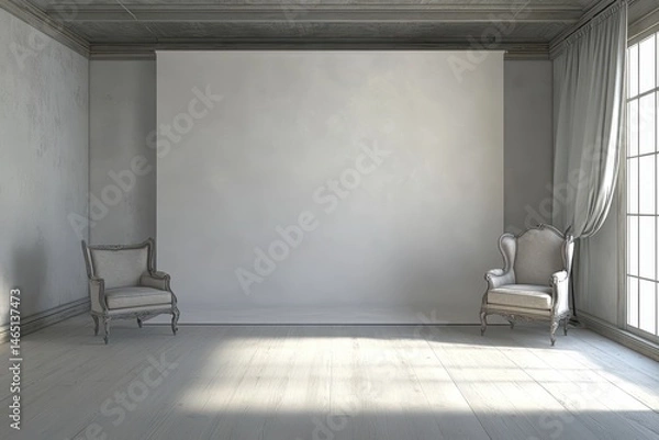 Fototapeta Empty room with two antique armchairs and a blank wall.  Sunlight streams in through large windows