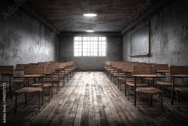 Fototapeta Empty classroom, aged wood, somber light