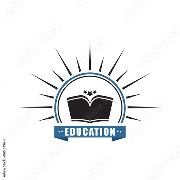 Fototapeta Education Logo Design, Open Book with Stars and Sunburst Emblem for Schools, Colleges, and Institutions