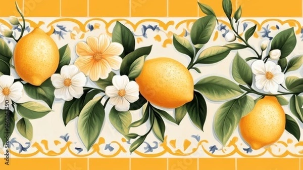 Fototapeta Bright lemon pattern with vibrant yellow lemons and white blossoms, ideal for kitchen decor or refreshing design projects.