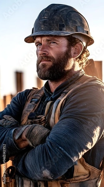Fototapeta A construction worker with a serious expression, arms crossed, wearing a hard hat and safety vest, stands against a backdrop of wooden posts under a bright sky