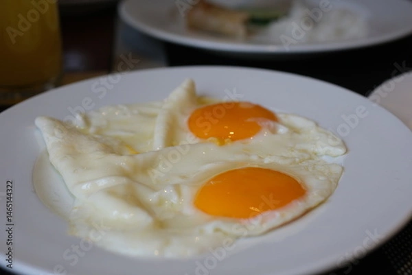 Obraz Small pan with breakfast. Breakfast with egg, sausage and potatoes. High quality photo