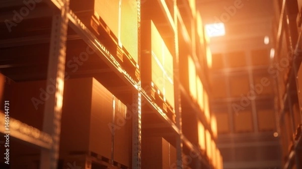 Fototapeta Dimly lit storage area, metal shelves lined with boxes, warm glow illuminating the space, ideal for inventory discussions.