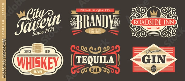 Obraz Alcoholic beverages and drinks labels and logos collection. Vector label designs for drinks and bars with decorative ornaments.