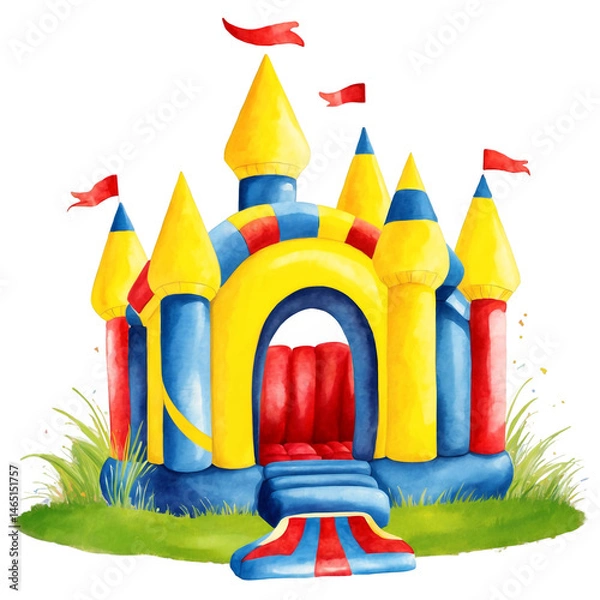 Fototapeta Yellow inflatable castle with kids peeking out, suitable for children's party invitations, event posters, and summer funthemed design projects.