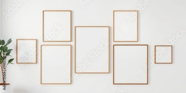 Fototapeta Gallery Wall Mockup Six Empty Light Wood Frames on a White Wall with a Potted Plant