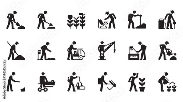 Fototapeta construction worker icons performing various tasks, ideal for construction, labor, and industry-related content.
