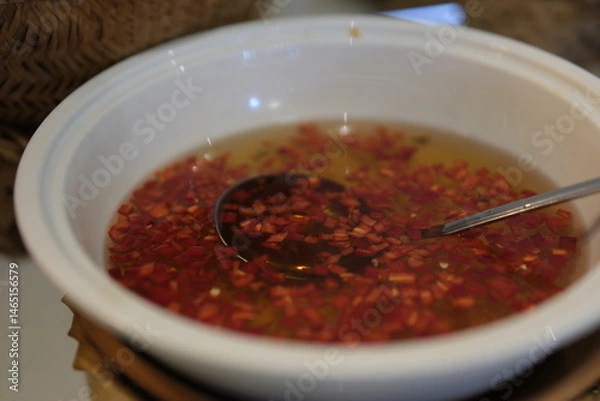 Obraz Chili with fish sauce in white bowl. Fish sauce chili is a very popular condiment in Thai cuisine that adds a spicy and salty flavor. Composed of fresh sliced chilli, garlic, fish sauce, can add sugar