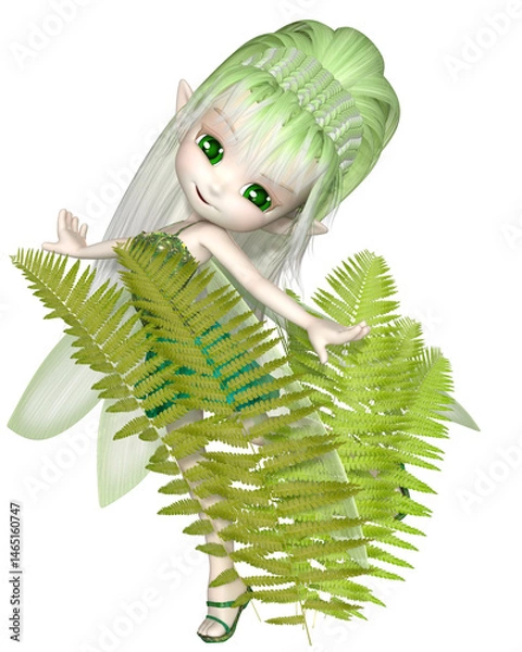 Obraz Cute Toon Fern Fairy with Green and White Hair, 3d digitally rendered fantasy illustration