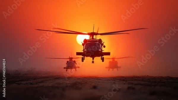 Fototapeta Helicopter silhouettes against a sunset sky, symbolizing military operations