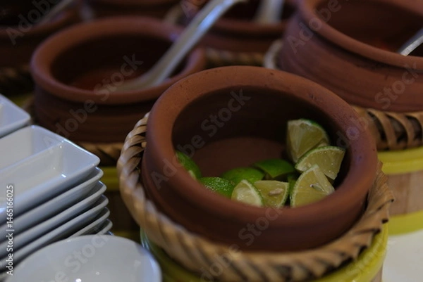 Obraz bowl with limes on light stone background top view. Copy space for your design. High quality photo