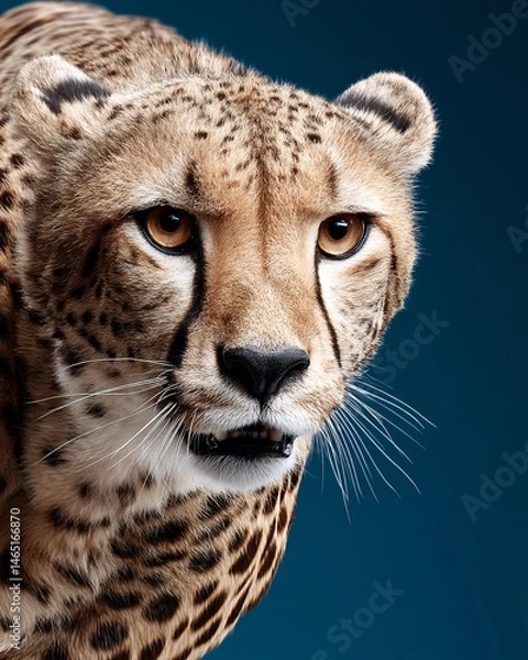 Fototapeta Stunning Close-Up of a Cheetah with Striking Features and Intense Gaze on Blue Background