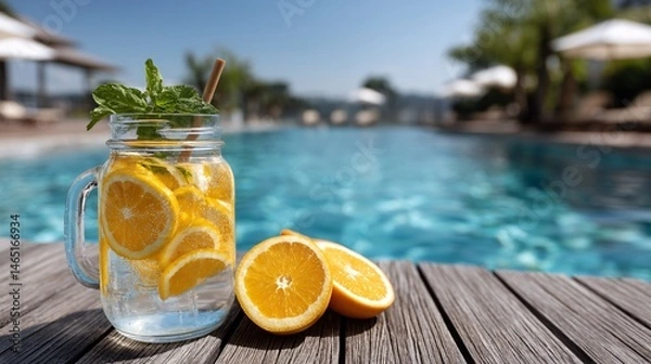 Fototapeta Refreshing Lemonade Jar with Slices and Mint Leaves at a Sunny Poolside Setting