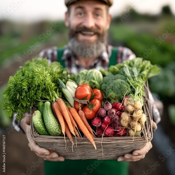 Fototapeta Fresh Harvest of Organic Vegetables Held by Smiling Farmer in Rustic Outdoor Setting