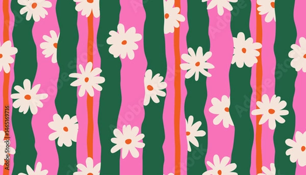 Fototapeta Trendy floral seamless pattern with vertical stripes. Modern flowers print design for fabric, textiles, clothing, packaging, cover, banner, home decor and backgrounds. Vector illustrations.