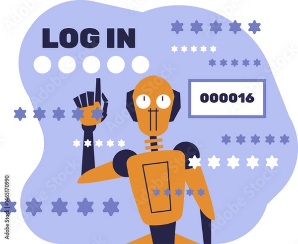 Obraz AI robot hacking user account — artificial intelligence cracking password, cybersecurity threat, cartoon bot brute force attack, digital data breach concept.