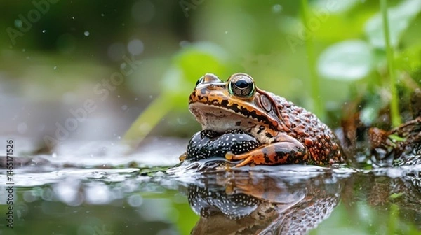 Fototapeta A frog laying eggs in water