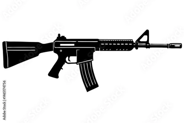 Fototapeta Assault rifle silhouette vector design without suppressor detailed illustration, assault rifle, rifle, weapon, military, silhouette, vector, gun, firearm, army, detailed, design, war, machine, danger
