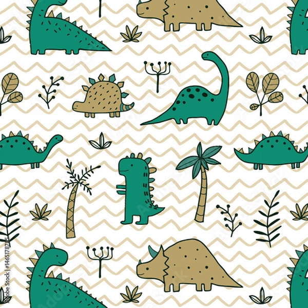 Fototapeta Hand drawn dinosaur pattern collection. Cute dinosaur design set. Perfect for kids fabric, textile, nursery wallpaper. Vector illustration.