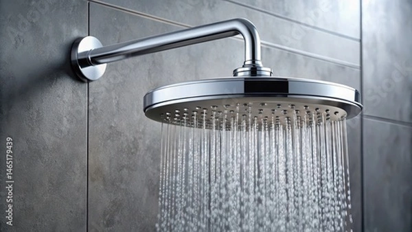 Fototapeta Sleek silver shower head installed on a wall-mounted sink, with soft water droplets falling on its surface, creating a mesmerizing visual effect , minimalist style, modern decor
