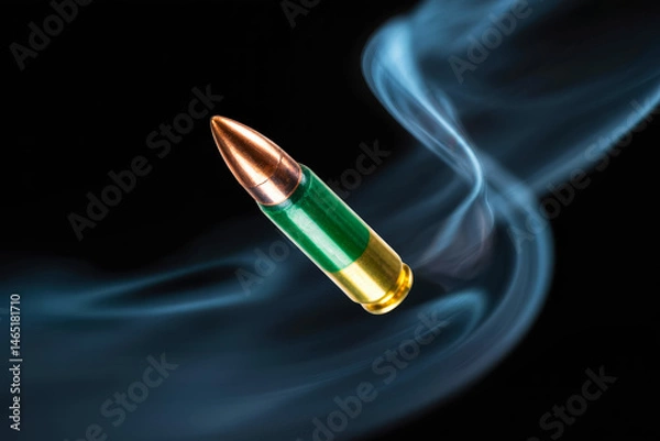 Fototapeta Close-up of a bullet with swirling smoke on a dark background.