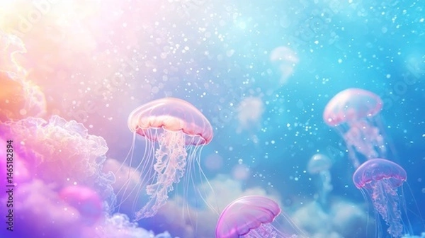 Fototapeta A glowing deep-sea landscape with jellyfish on a white background