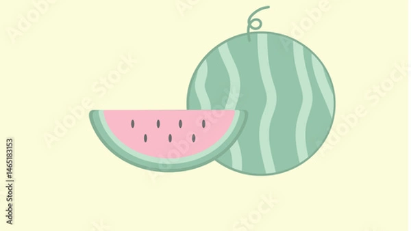 Fototapeta Pastel watermelon illustration featuring whole fruit and sliced pieces with cute soft colors. Perfect for summer themes, children's designs, and kawaii-style projects.