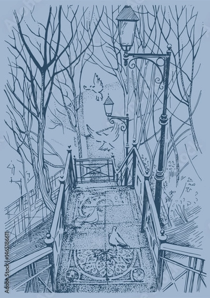 Fototapeta Cityscape of Kyiv, Ukraine. Staircase in rarka and pigeons. The illustration is hand painted with pen and ink. Line sketch converted to vector drawing.Adobe Illustrator Artwork