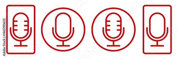 Obraz Red Microphone Icons Set. Editable Stroke. Voice Recording Symbols in Line Style for Audio, Podcast, Music, Speech, Broadcasting Design. Vector Outline Mic in Circle and Square Frames for App and UI.