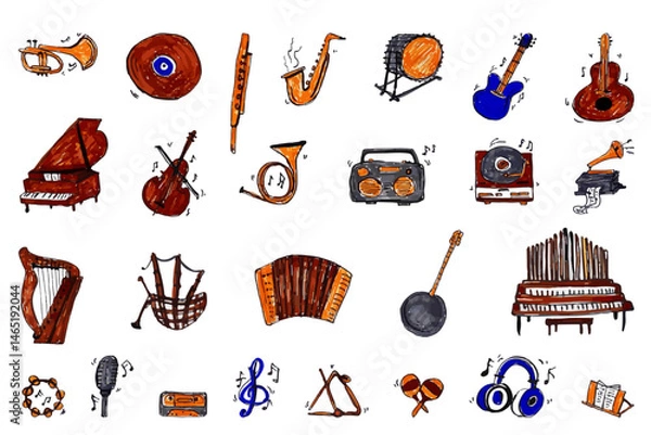 Obraz A vibrant artistic collage featuring a variety of musical instruments, retro audio equipment, and symbolic elements representing the essence of sound and rhythm.