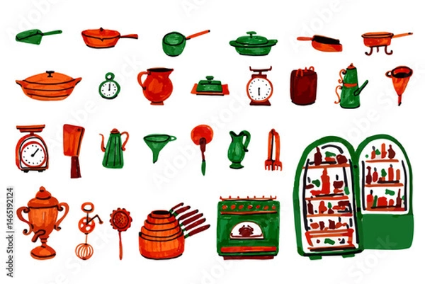 Obraz Hand drawn kitchen utensil illustration featuring essential cookware and appliances, ideal for culinary branding, packaging, and cooking-related designs.
