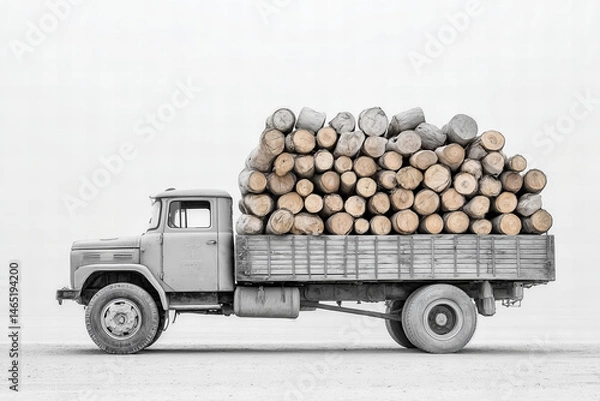 Fototapeta Side View Of A Vintage Truck Transporting A Large Pile Of Wooden Logs Against White Background