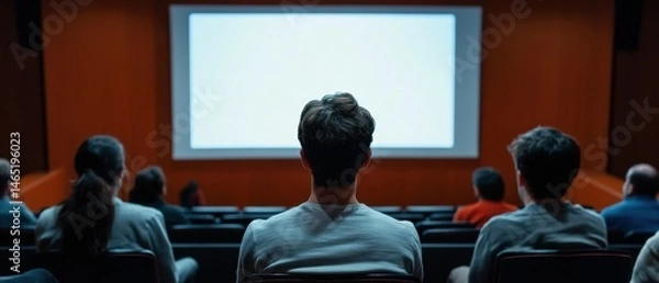 Fototapeta Students watching blank projector screen in university lecture hall