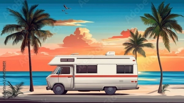 Fototapeta Retro Camper Van by the Beach under Palm Trees