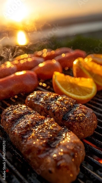 Fototapeta Sunset Barbecue: Grilled Sausages and Orange Slices on a Grill